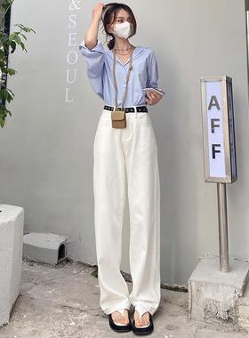 KRO高腰阔腿牛仔裤女2023新款百搭小个子直筒宽松日系白色拖地裤
