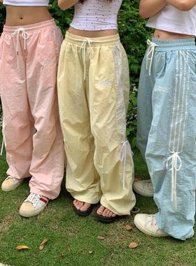 EAHO自制蝴蝶结彩色休闲裤女春夏美式多巴胺阔腿运动工装伞兵长裤