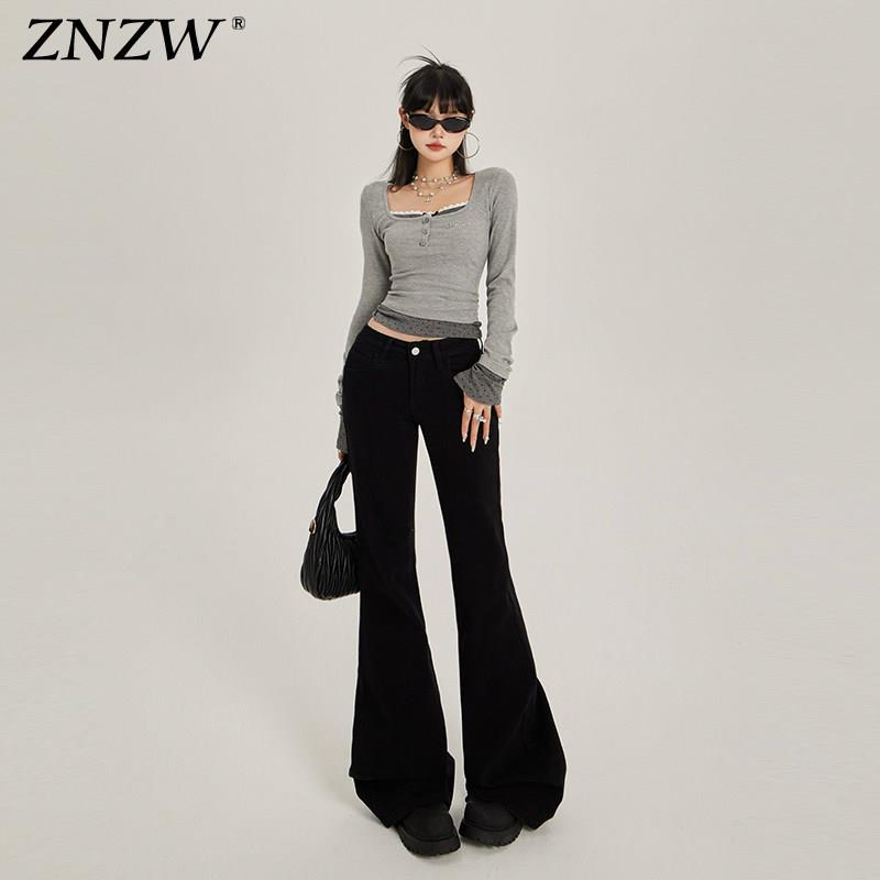 ZNZW黑色微喇叭牛仔裤女2026春季低腰不贴腿弹力阔腿喇叭裤子女