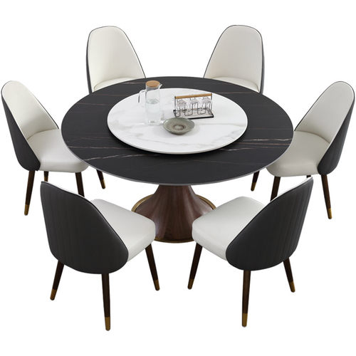 新品岩板餐桌带转盘轻奢现代简约黑胡桃木色实木家U用小户型岩板