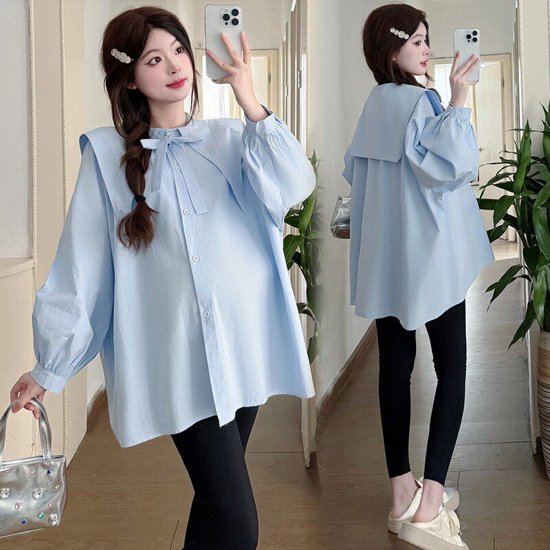 新品孕妇装春装2025q新款设计感春季新款娃娃领上衣宽松小个子白