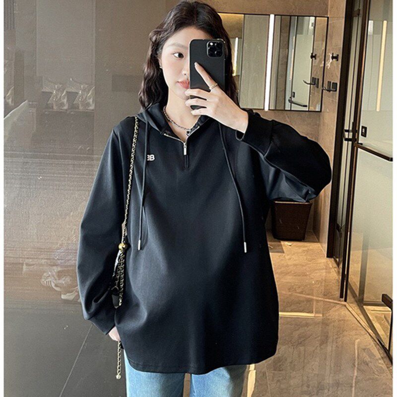 新品孕妇装春装大码m宽松孕妇上衣长袖连帽孕妇卫衣中长款休闲T恤