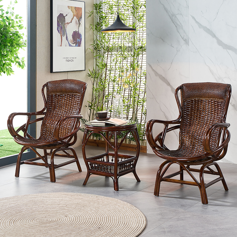 极速藤椅天然f真藤三件套阳台组合休闲家用单人老人藤编胡桃色靠