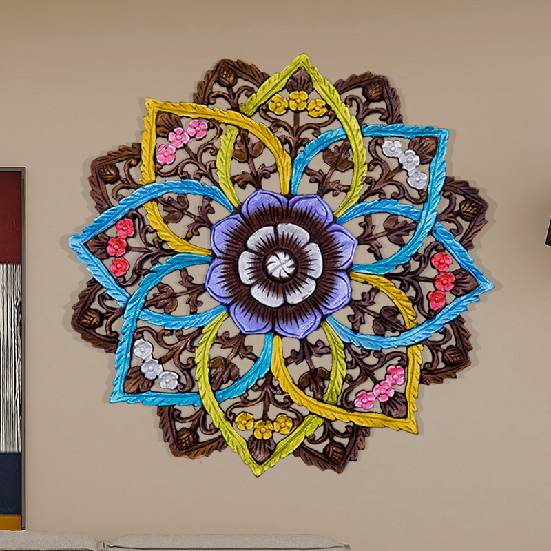 极速泰国实木雕壁挂柚木雕花板圆形花卉客厅玄关背V景墙挂件复古