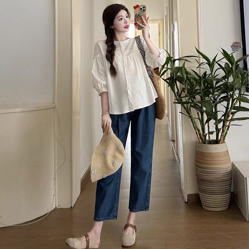 新品孕妇装春夏款套装202u5新款时尚遮肚子早春短袖娃娃衬衫上衣