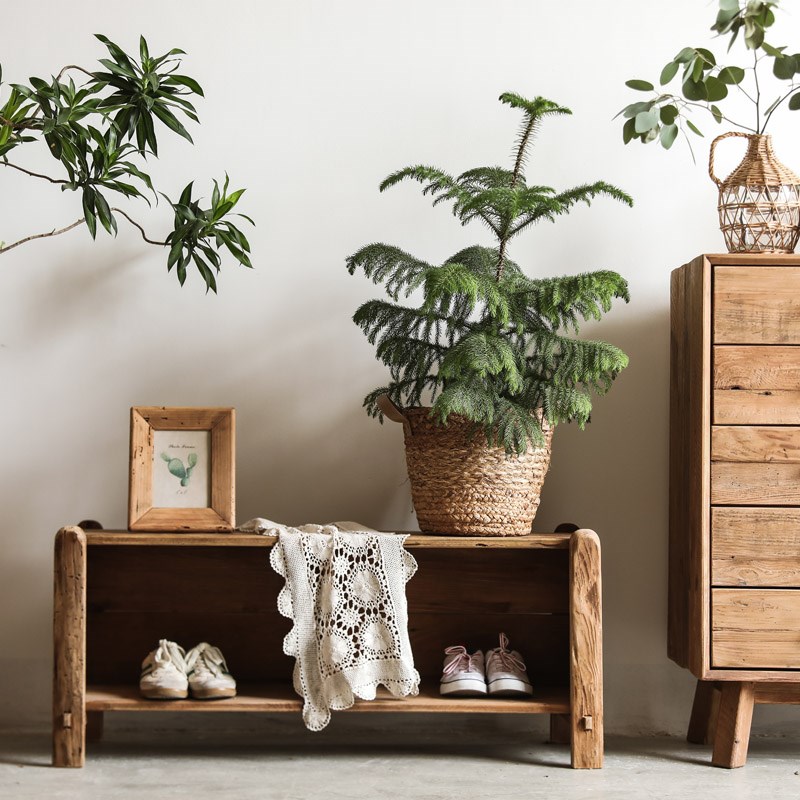 极速老松木双格家用门口换鞋凳长方形入户可坐实木U侘寂风复古文