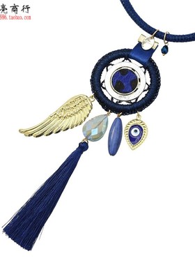 极速新款a时尚民族风长版流苏项链耳环套组 手工编织波西米亚毛衣