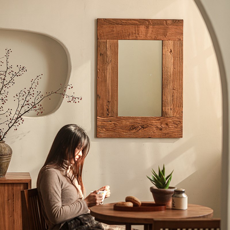 极速老榆木镜子i实木化妆镜台式桌面复古做旧客厅玄关装饰镜墙面