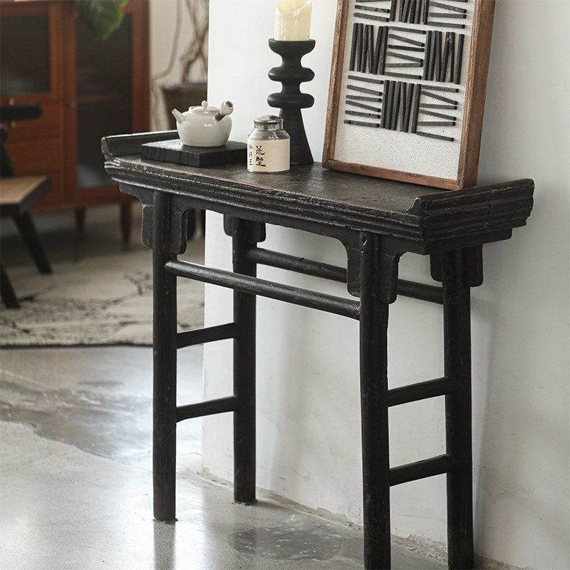 极速松木条几新中式黑色复古做旧客厅门厅实木供桌V条案玄关桌靠