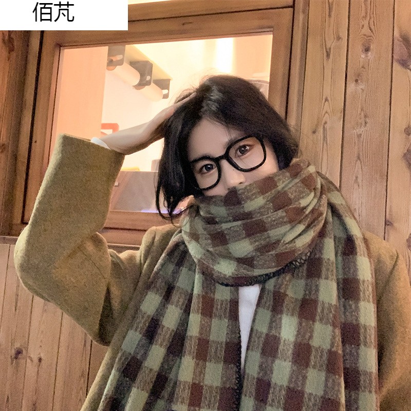 极速2023秋冬新款绿色格子围巾女士休闲百L搭潮流披肩保暖韩系围