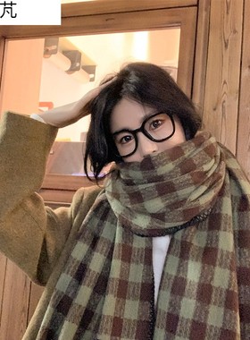 极速2023秋冬新款绿色格子围巾女士休闲百L搭潮流披肩保暖韩系围