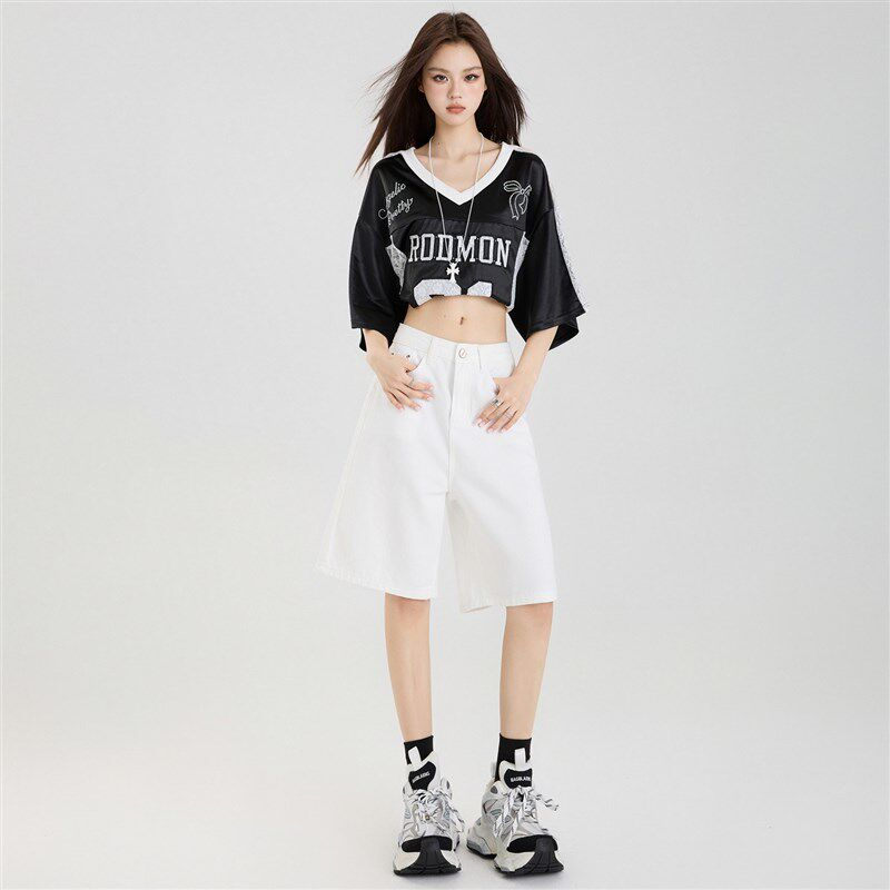 新品蓝色牛仔短裤女夏季薄款2025新款高腰中裤阔腿显瘦Z直筒宽松