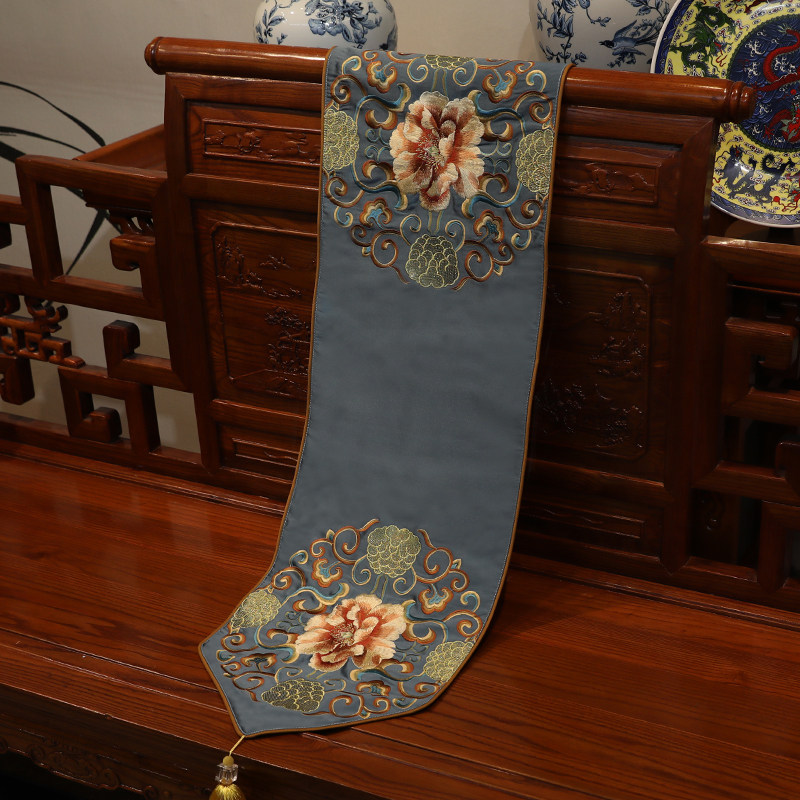 新品新中式e刺绣桌旗桌布古典红木客厅餐桌玄关电视柜茶几布艺床