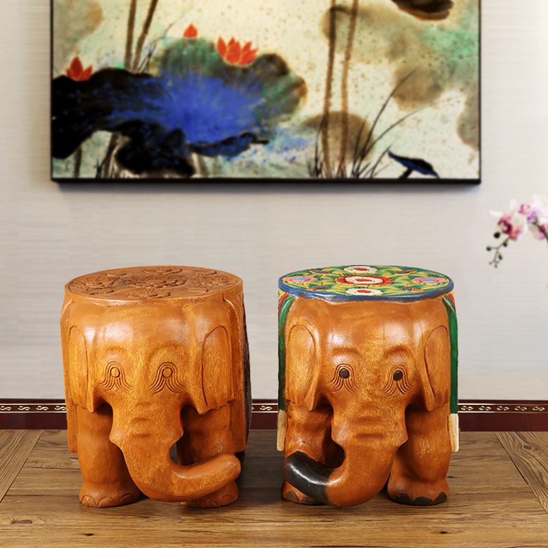 极速泰国实木大象凳家用门口换鞋凳矮凳木桩摆件原V木墩创意动物
