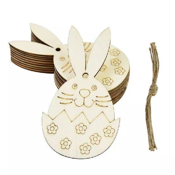 极速10pcs DIY Happy Easterz Wooden Rabbit Egg Pendants