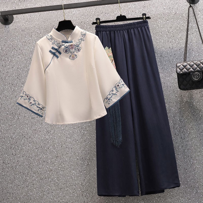 新品采耳师工作服新中式中国风唐装旗袍套装裤年T轻茶馆茶艺师服