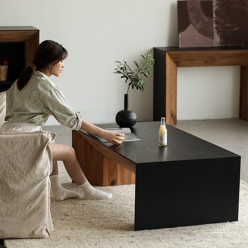 极速侘寂风原木黑色茶几长方形实木老松木橡木板复V古客厅家用大