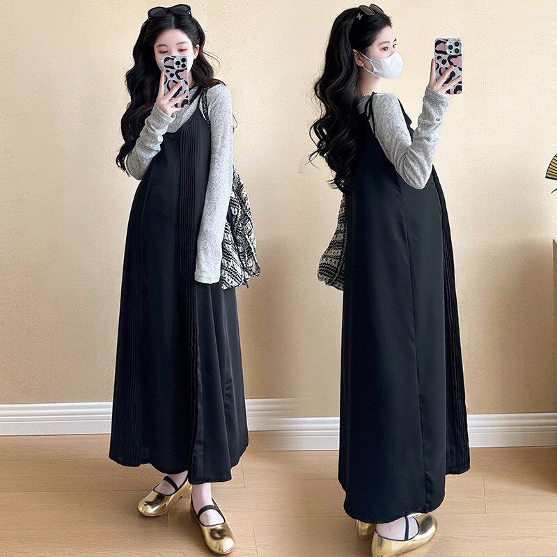 新品孕妇装连衣裙春秋季2025秋装新F款套装遮肚子吊带裙长袖上衣