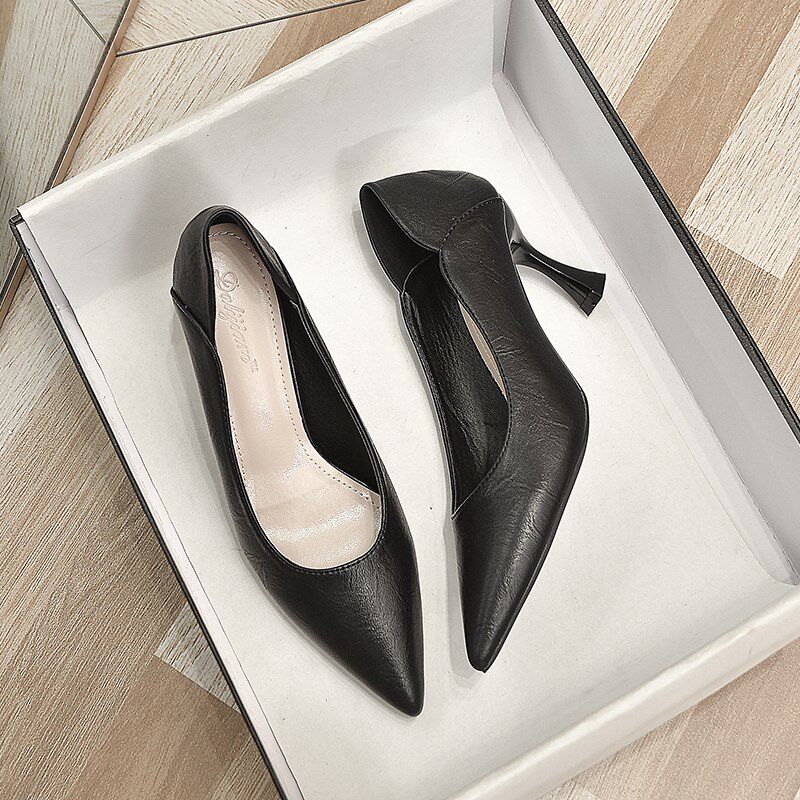 新品学生礼仪软皮尖头单鞋女工装不累F脚高跟鞋7CM细跟职业工作鞋