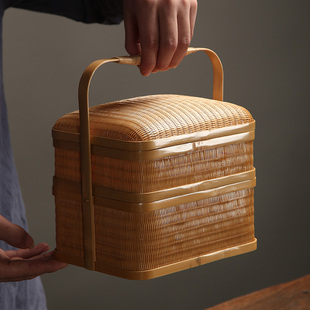 极速竹编双层f食盒送餐盒中式仿古茶道具水果点心收纳盒老式手提
