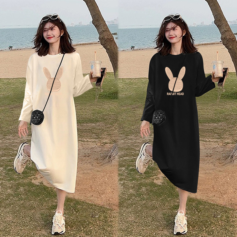 极速孕妇连衣裙春装2025新款t恤裙子春秋季开叉过膝长.裙大码孕期