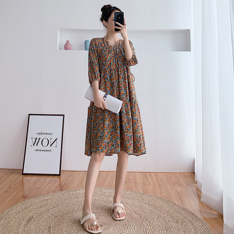 极速孕妇连衣裙夏装中长款仙女宽松时尚碎花网红个性夏.天雪纺裙