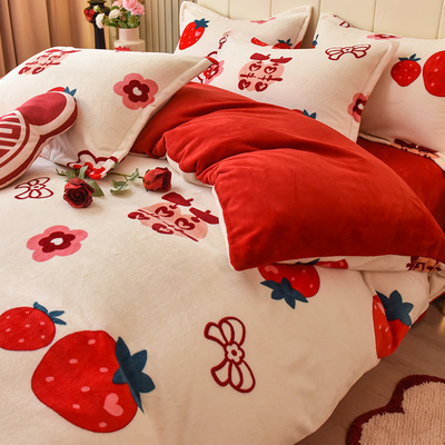 极速婚庆结婚牛奶绒床上r四件套冬季加厚珊瑚绒大红喜被套加绒床