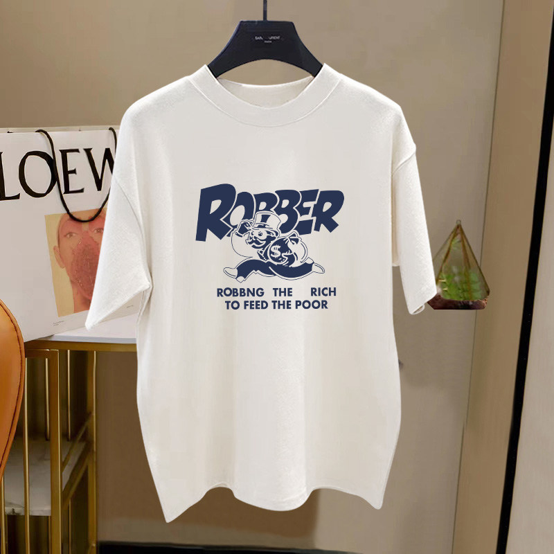 极速正肩磨毛短袖t恤女2024年新款宽松休闲M百搭减龄纯棉白色上衣