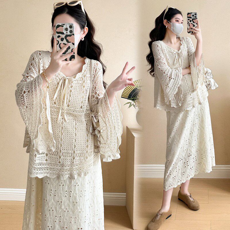 极速孕妇连衣裙春夏款2025新款法式减龄L孕妇装春装镂空蕾丝宽松