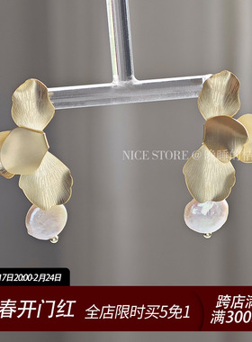 极速晚睡的桔f梗复古叶片流苏巴洛克珍珠耳环秋冬法式气质耳饰