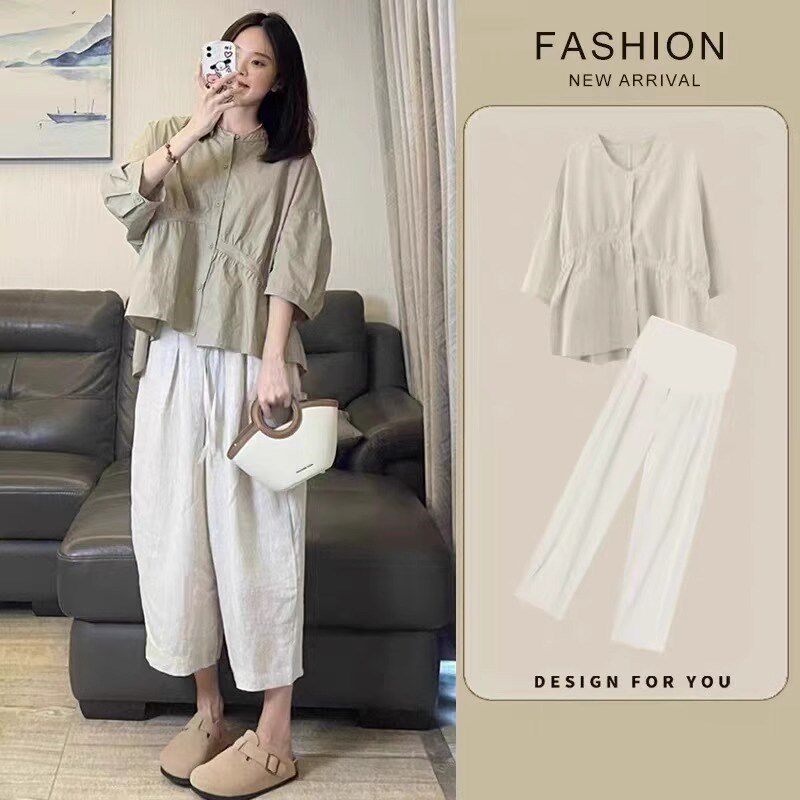 新品孕妇上衣夏季薄款q七分袖衬衫两件套夏装时尚娃娃衫裤子套装