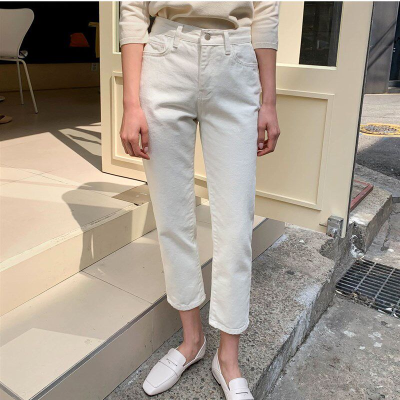 极速白色牛仔裤女i春季2024新款九分直筒高腰150小个子八分烟管裤