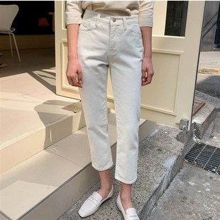 极速白色牛仔裤女i春季2024新款九分直筒高腰150小个子八分烟管裤
