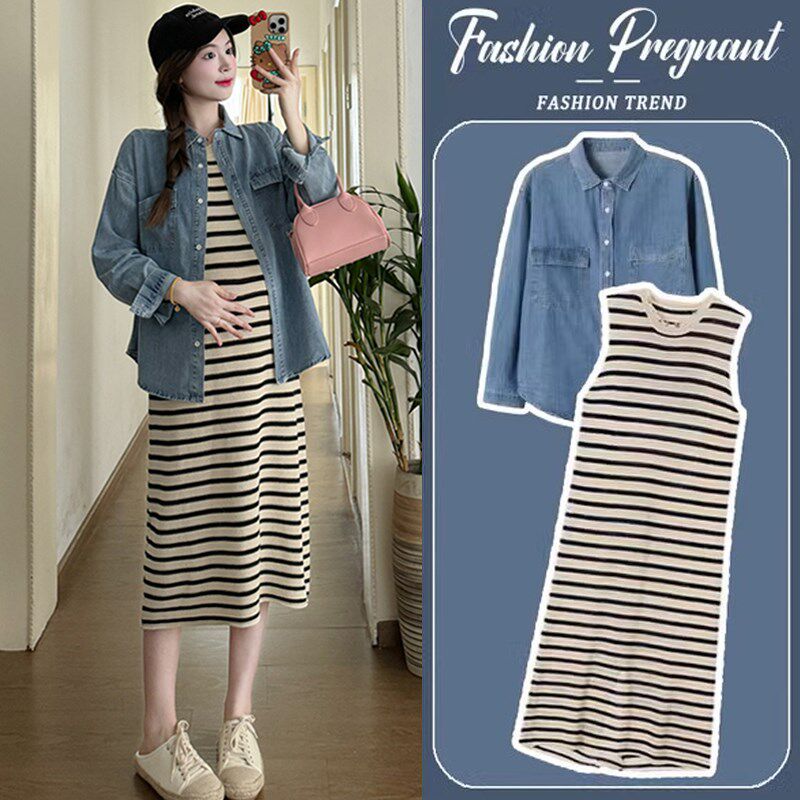 极速孕妇连衣裙i春装套装2025新款春秋季牛仔衬衫上衣女背心裙子