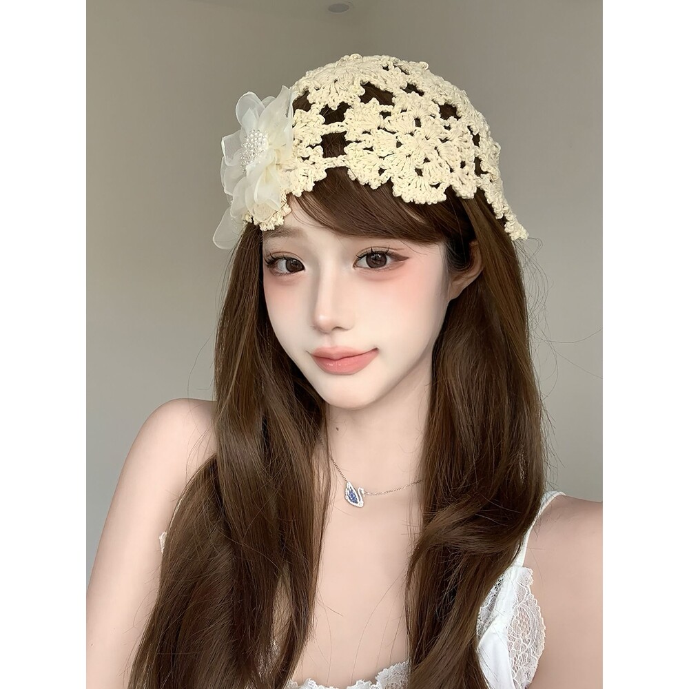 白色镂空花朵编织帽2025年薄款帽子头巾包头帽温柔仙气蕾丝针织帽