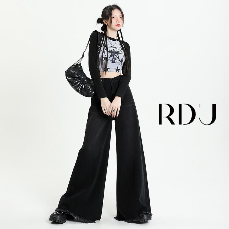 RDU 水洗复古亚文化黑灰色阔腿牛仔扫地裤象腿大裤脚毛边阔腿裤