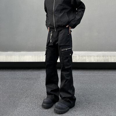 BLAEXIT美式复古直筒微喇黑色工装裤男机能多口袋cleanfit裤子潮