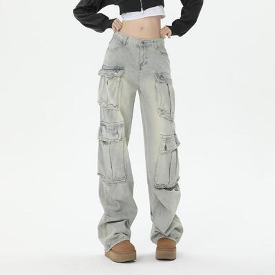 ZXZA美式复古水洗辣妹工装裤时尚嘻哈街头高腰显瘦宽松阔腿牛仔裤