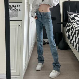 潮牌弹力微喇叭加长裤 水洗蓝牛仔裤 子男女 高街直筒修身 9002up美式