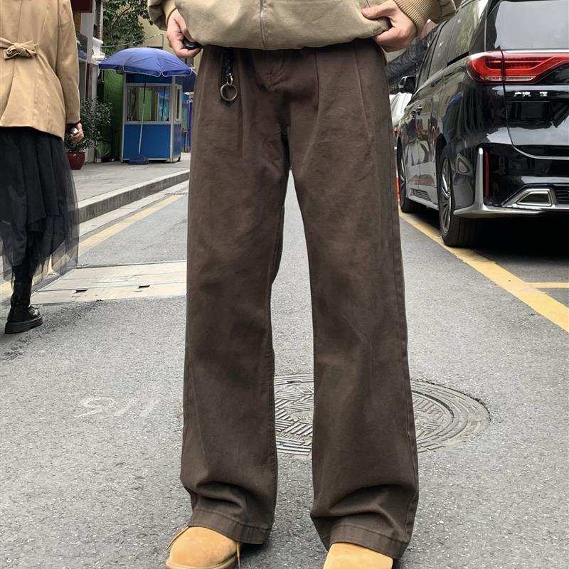 麻饭同学 美式复古宽松直筒牛仔裤cleanfit休闲百搭工装长裤男女