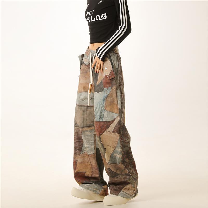 [PEAC]美式废土风拼接裤子潮牌痞帅炸街阔腿裤嘻哈宽松休闲裤男女