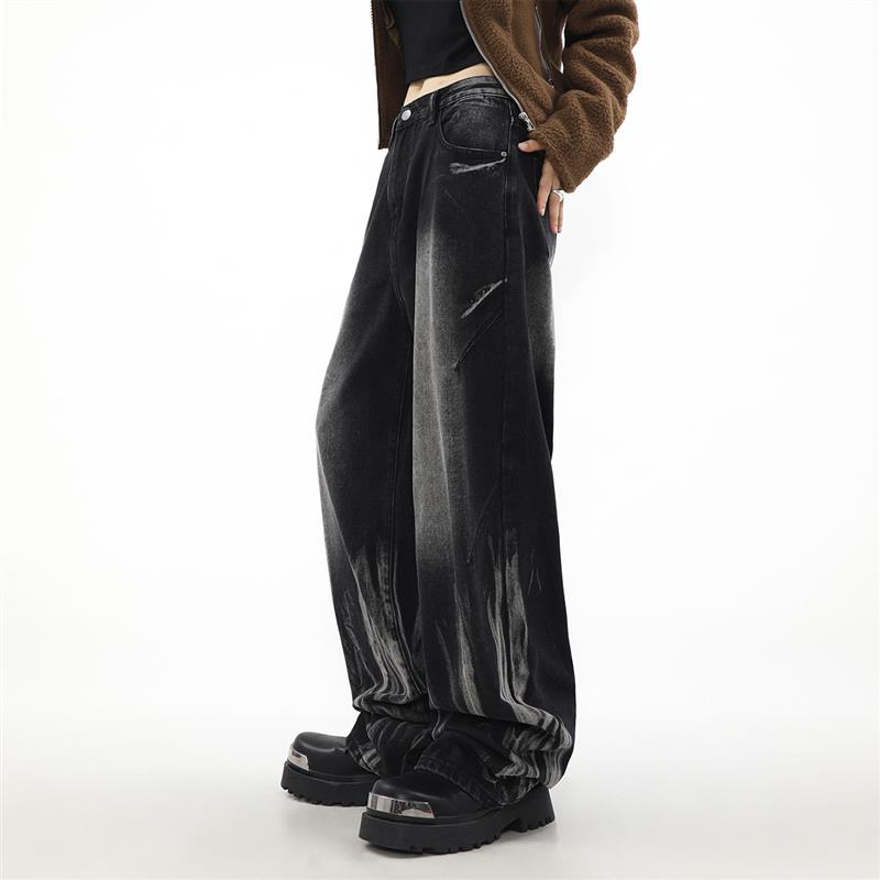 MRNEARLY美式牛仔裤男小众阔腿直筒垂感宽松扎染高街裤子复古长裤