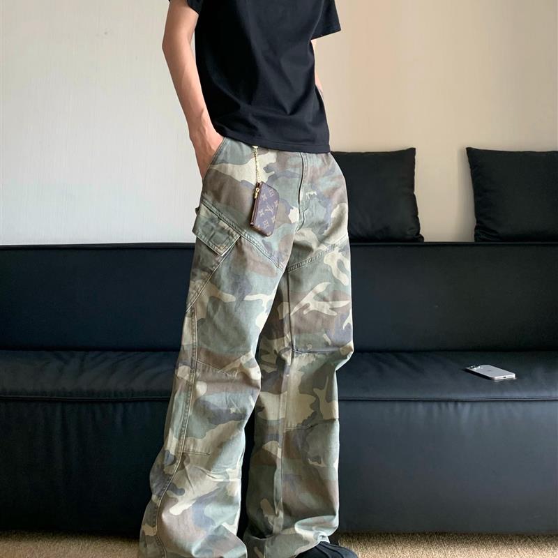 白菜coke美式迷彩工装裤男修身直筒hiphop裤子男高街vibe微喇叭裤