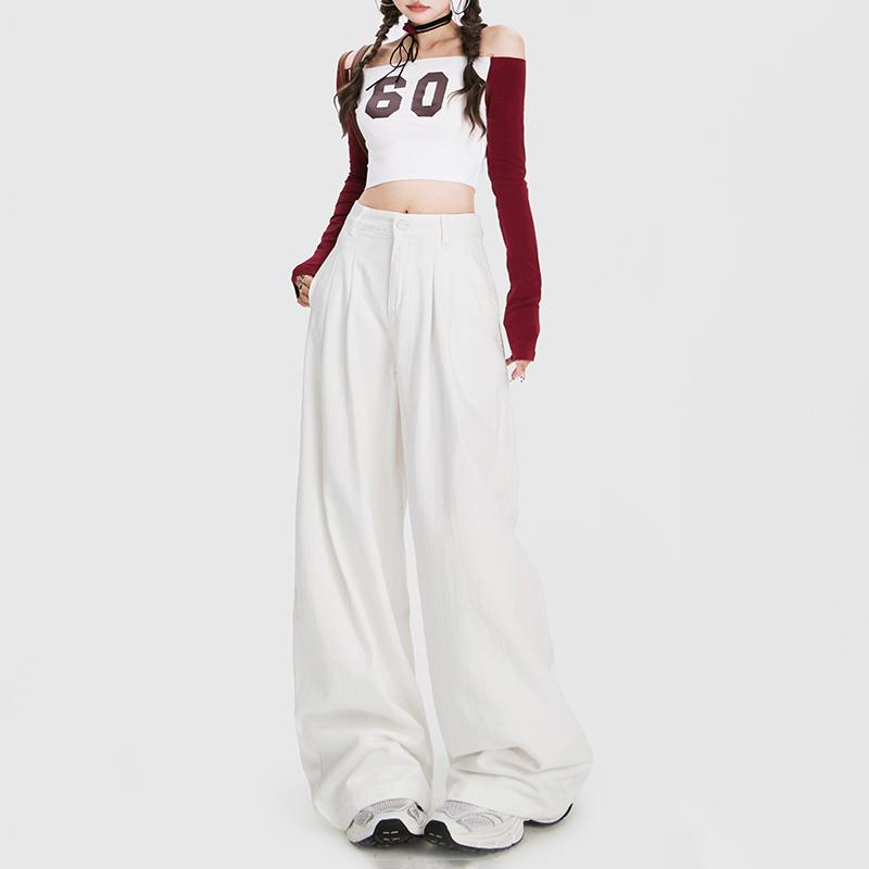 RJVO美式复古褶皱阔腿裤女新款设计感白色宽松垂感百搭直筒牛仔裤