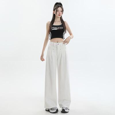 SAW高腰米白直筒牛仔裤前开袋褶皱设计垂感宽松显瘦阔腿拖地裤子