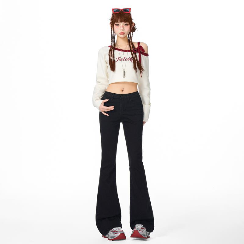 vwyz黑色高腰微喇牛仔裤女2024年新款显瘦加绒拖地喇叭裤马蹄裤子