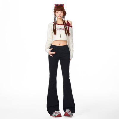 vwyz黑色高腰微喇牛仔裤女2024年新款显瘦加绒拖地喇叭裤马蹄裤子