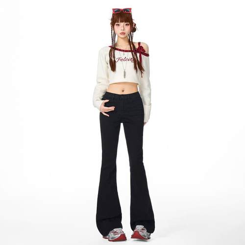 vwyz黑色高腰微喇牛仔裤女2024年新款显瘦加绒拖地喇叭裤马蹄裤子