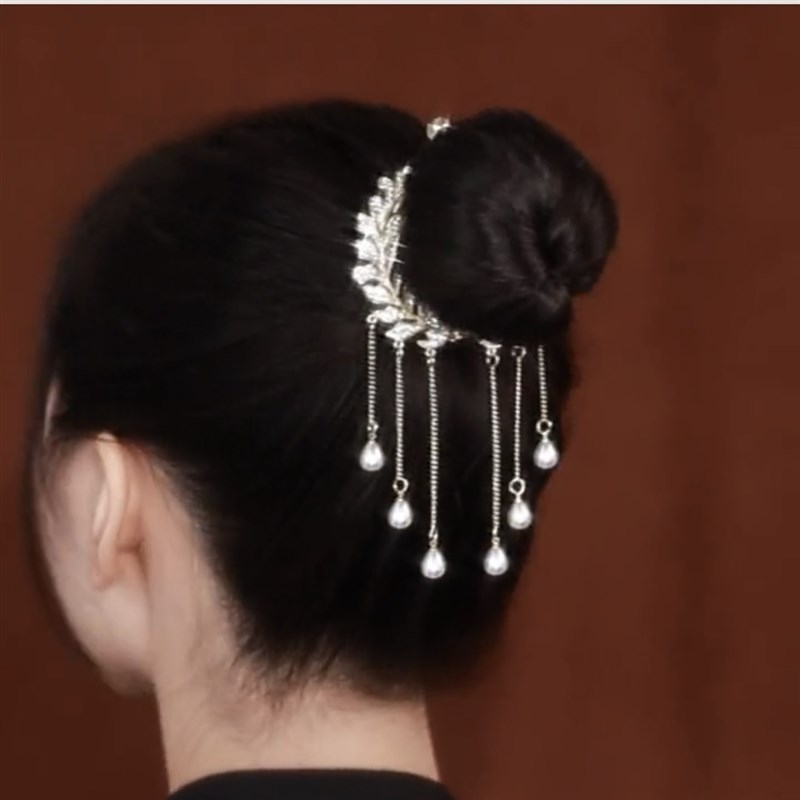 极速气质时尚闪钻珍珠麦穗流苏发夹2022年新P款丸子头高马尾头饰