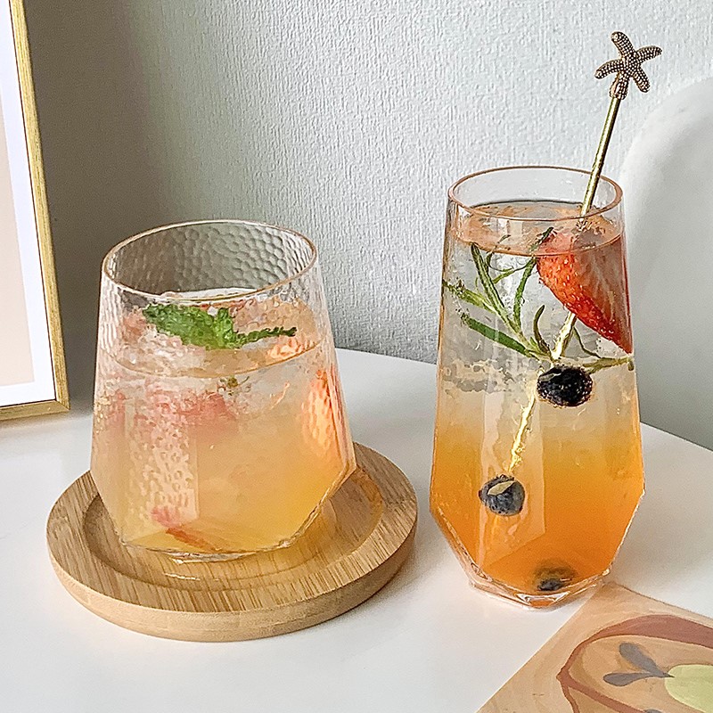 极速韩式ins网红玻璃杯六菱角饮B品杯高颜值水果茶杯冷饮苏打气泡